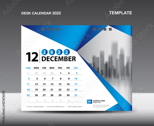 Desk Calendar 2022 Template vector, December 2022, Week starts Sunday, Planner, Stationery design, flyer design, printing design, Blue polygonal background concept, publication, advertisement.