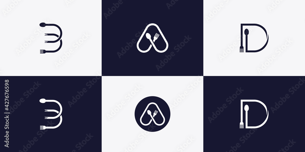 Set of monogram letter A, B and D with spoon and fork concept Premium Vector Set of monogram letter A, B and D with spoon and fork concept Premium Vector