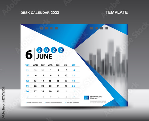Desk Calendar 2022 Template vector, June 2022, Week starts Sunday, Planner, Stationery design, flyer design, printing design, Blue polygonal background concept, publication, advertisement.