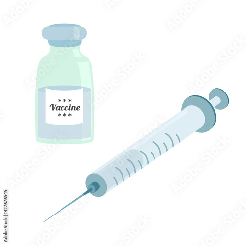 A vial of vaccine and a thin syringe with clear liquid. Vector illustration in cartoon style.