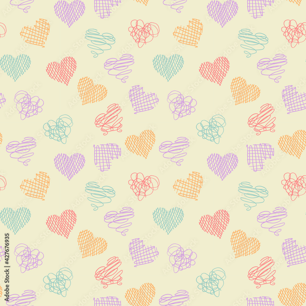 Seamless background of handmade doodle hearts in delicate colors Seamless background of handmade doodle hearts in delicate colors