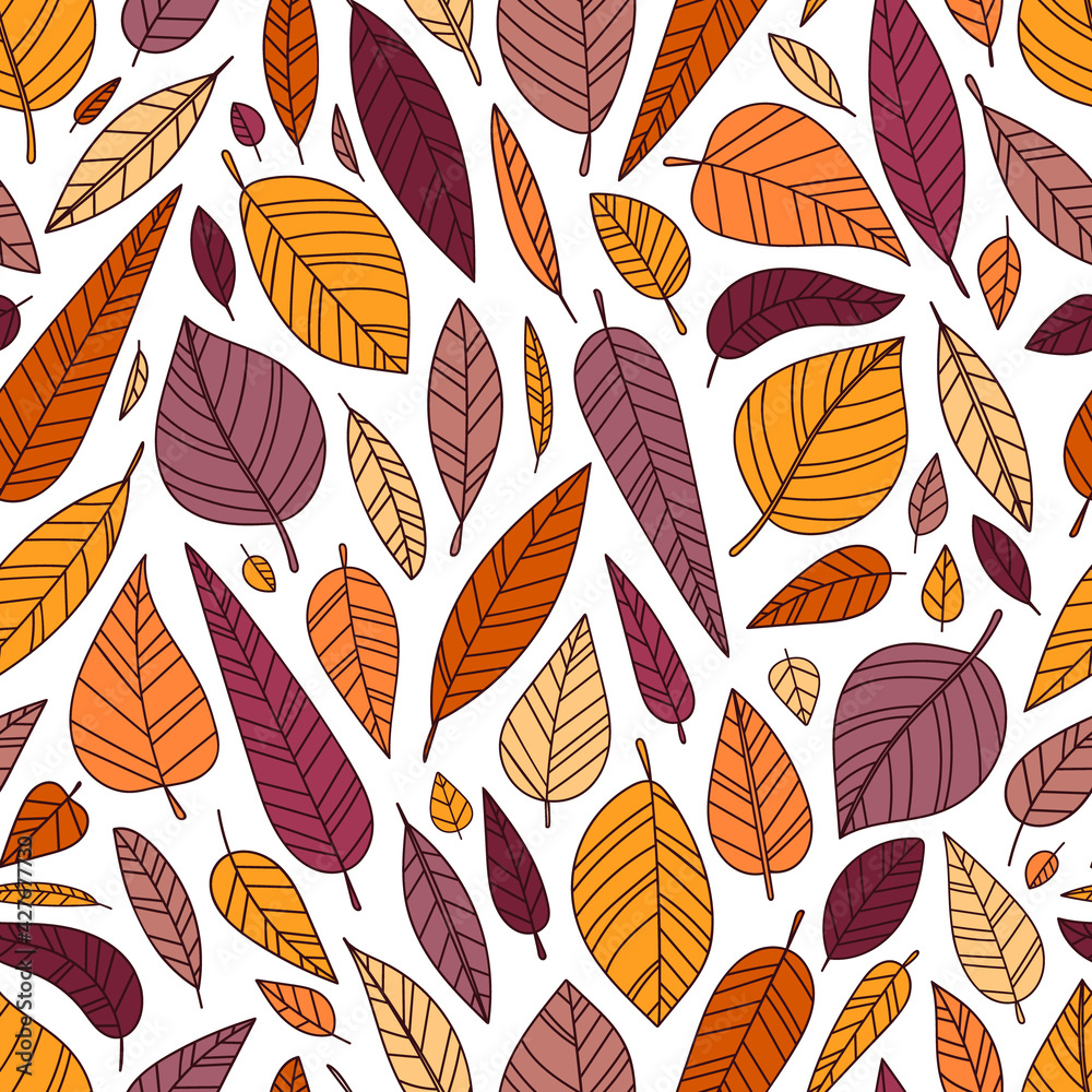 Vector seamless pattern with doodle leaves. Warm autumn background with hand drawn leaf. Illustration in doodle style for textile, wrapping, scrappbooking.
