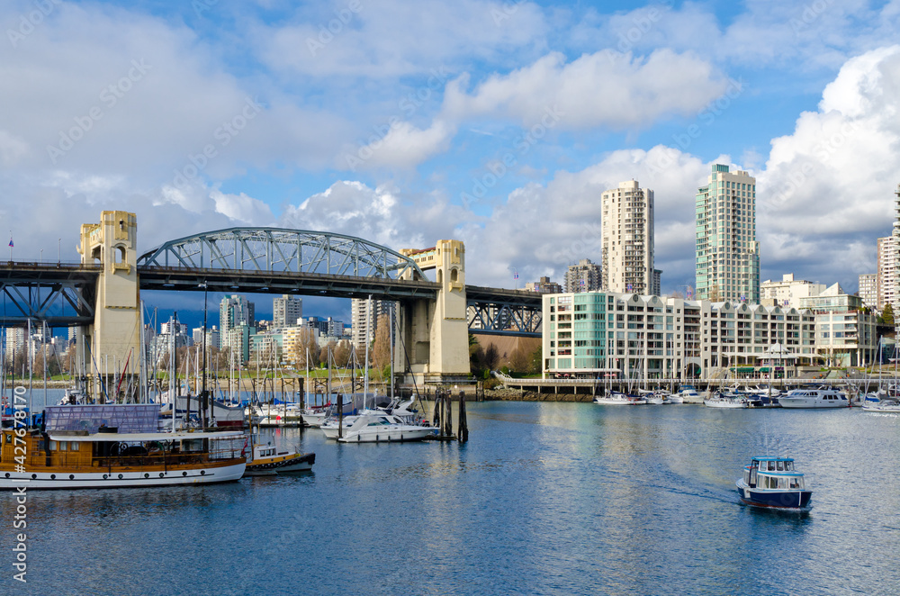 Scenic view at Burrard Bridge from Granville Island, Vancouver, Canada.
