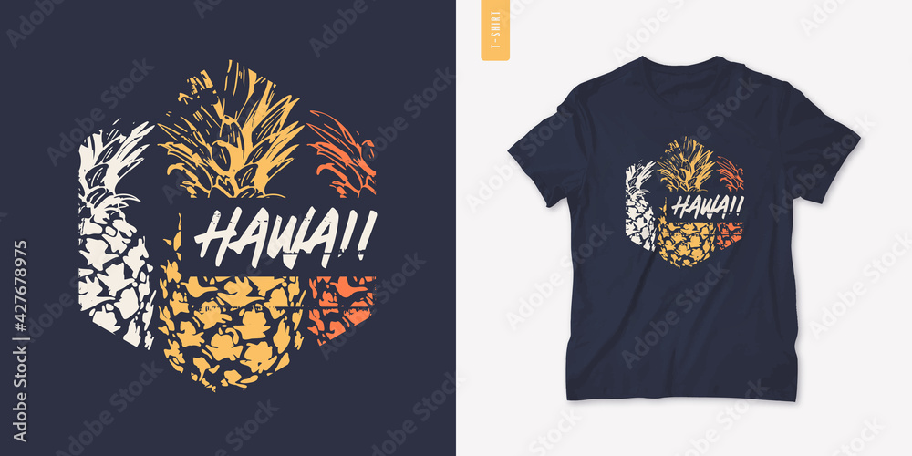 Summer graphic tee design with pineapple, stylish print, vector illustration - obrazy, fototapety, plakaty 