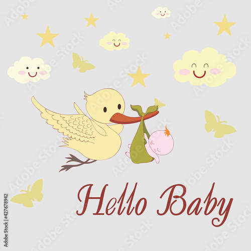 kid card background illustration girl boy child party print graphic design cute newborn cartoon happy template stork and baby clouds hello art gift text decoration invitation sweet greeting 