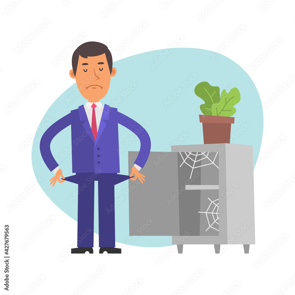 Businessman stands near an empty safe and shows that he has no money. Vector characters Businessman stands near an empty safe and shows that he has no money. Vector characters