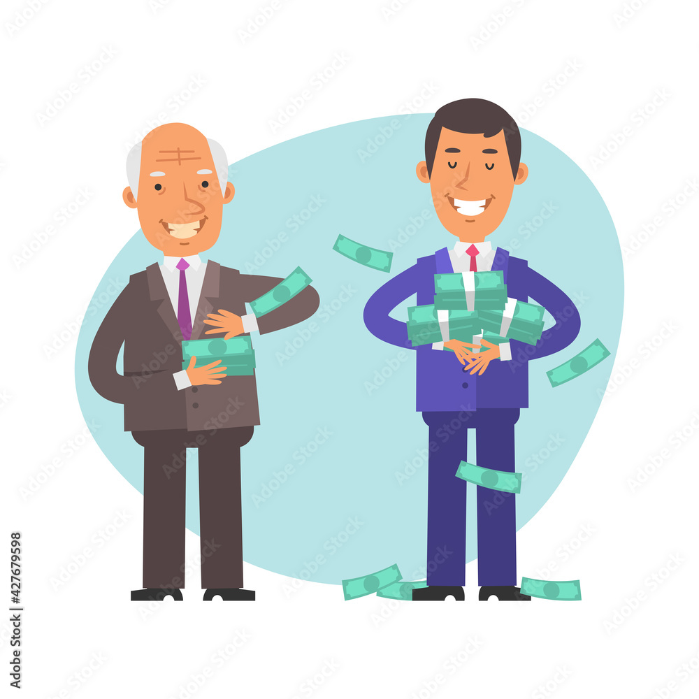 Old businessman gives wages to young businessman. Vector characters