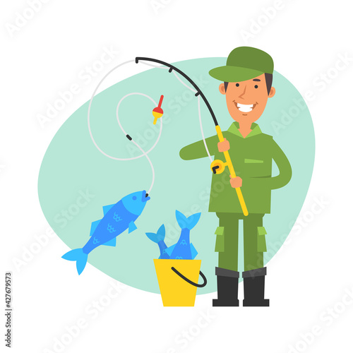 Fisherman caught big fish on fishing rod and smiles. Vector characters