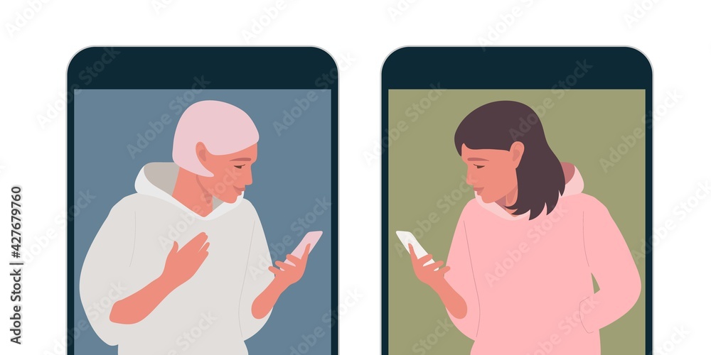 Fototapeta premium Mobile phone talks. Two girls talk on phone. Beautiful women are texting each other. Flat vector illuctration. Two cute girls holding mobile phone. Persons cellphone conversation sending messages.
