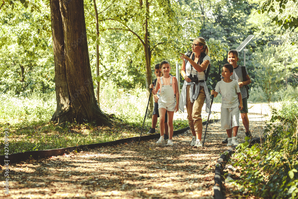 School kids hiking at the park with they teacher.They're learning about nature and wildlife. School kids hiking at the park with they teacher.They're learning about nature and wildlife.