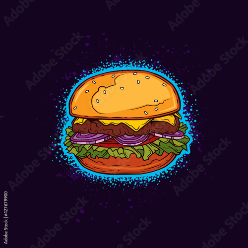 Original vector illustration of Burger with cutlet, tomatoes and greens in vintage style. T-shirt design.