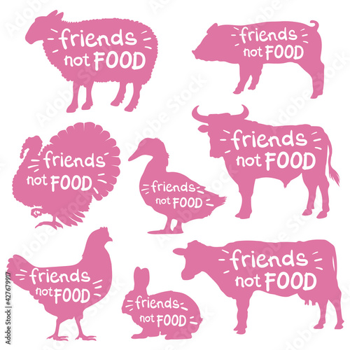 Friends not food, go vegan. Vector set of farm animals vector cartoons illustration with text isolated on white for design