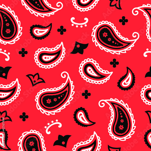 Seamless bandanna red pattern. Vector red american bandanna with classic traditional ornament decorations for background