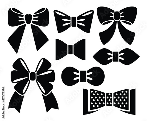 Set of graphic decorative bows black ribbons silhouette. Vector set ceremony card decor, invitation design element isolated on white