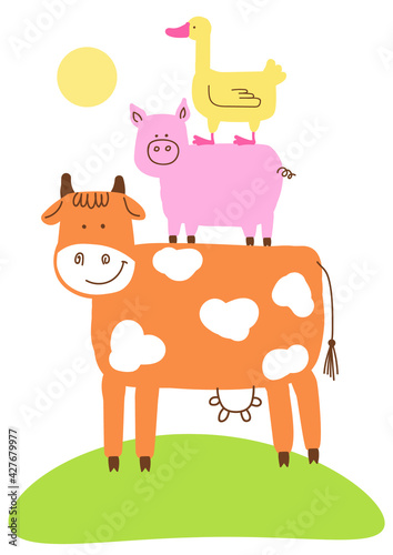 Friends not food, go vegan. Vector set of farm animals vector cartoons illustration with text isolated on white for design