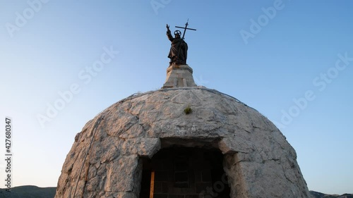 chapel of the Redeemer at sunset on Redentore  mount over the gulf of Gaeta. Aurunci Mountains, Formia, Latina, Lazio, Ital
