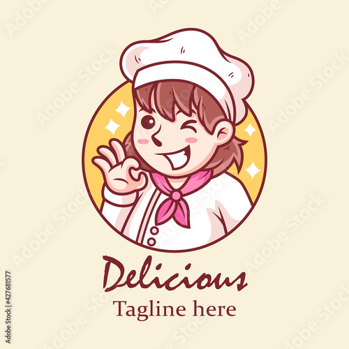 Girl Chef Logo Cartoon. Vector Icon Illustration, Isolated on Premium Vector