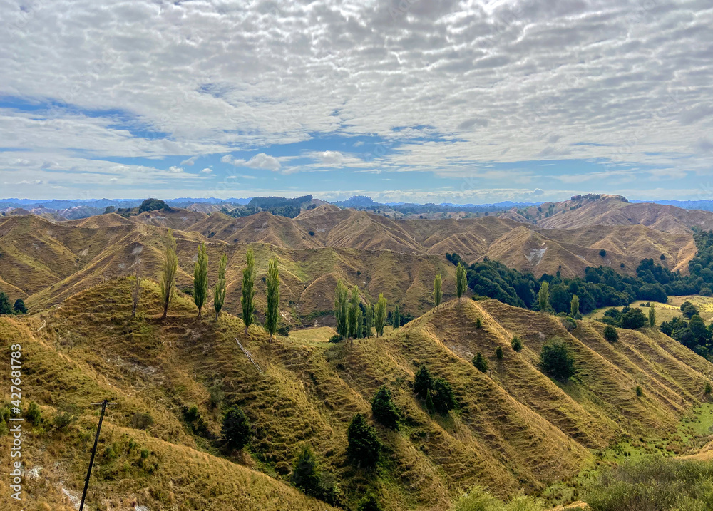Hill scenery outlook at Forgotten World Highway, Manawatu-Wanganui, New Zealand