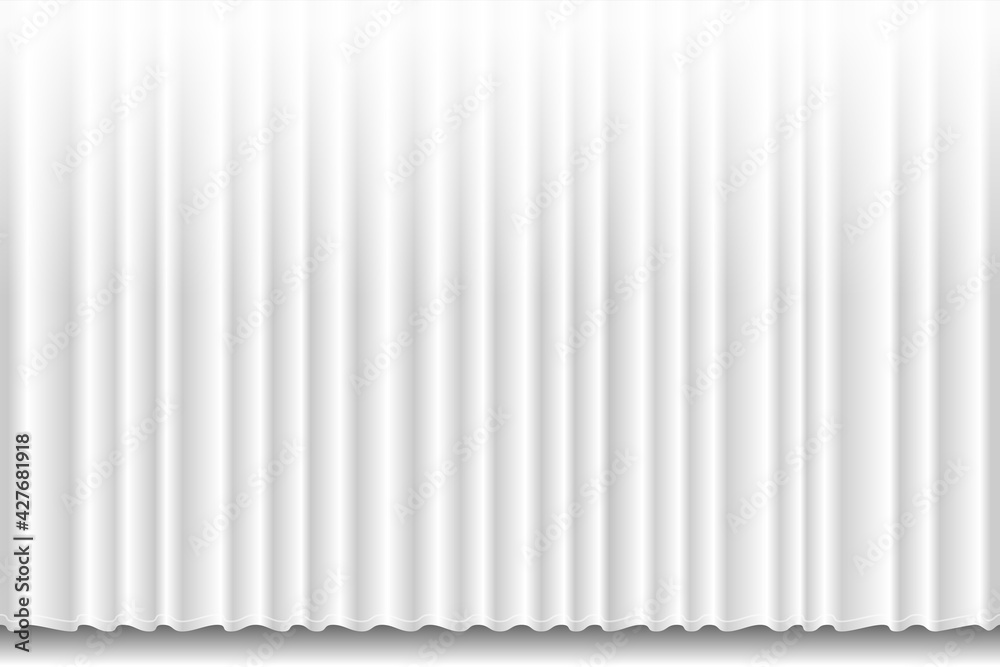 Obraz premium Closed white textile curtain with many shadow wavy background. Theatrical fabric clean drapes stage for opening ceremony or bathroom. Vector gradient illustration