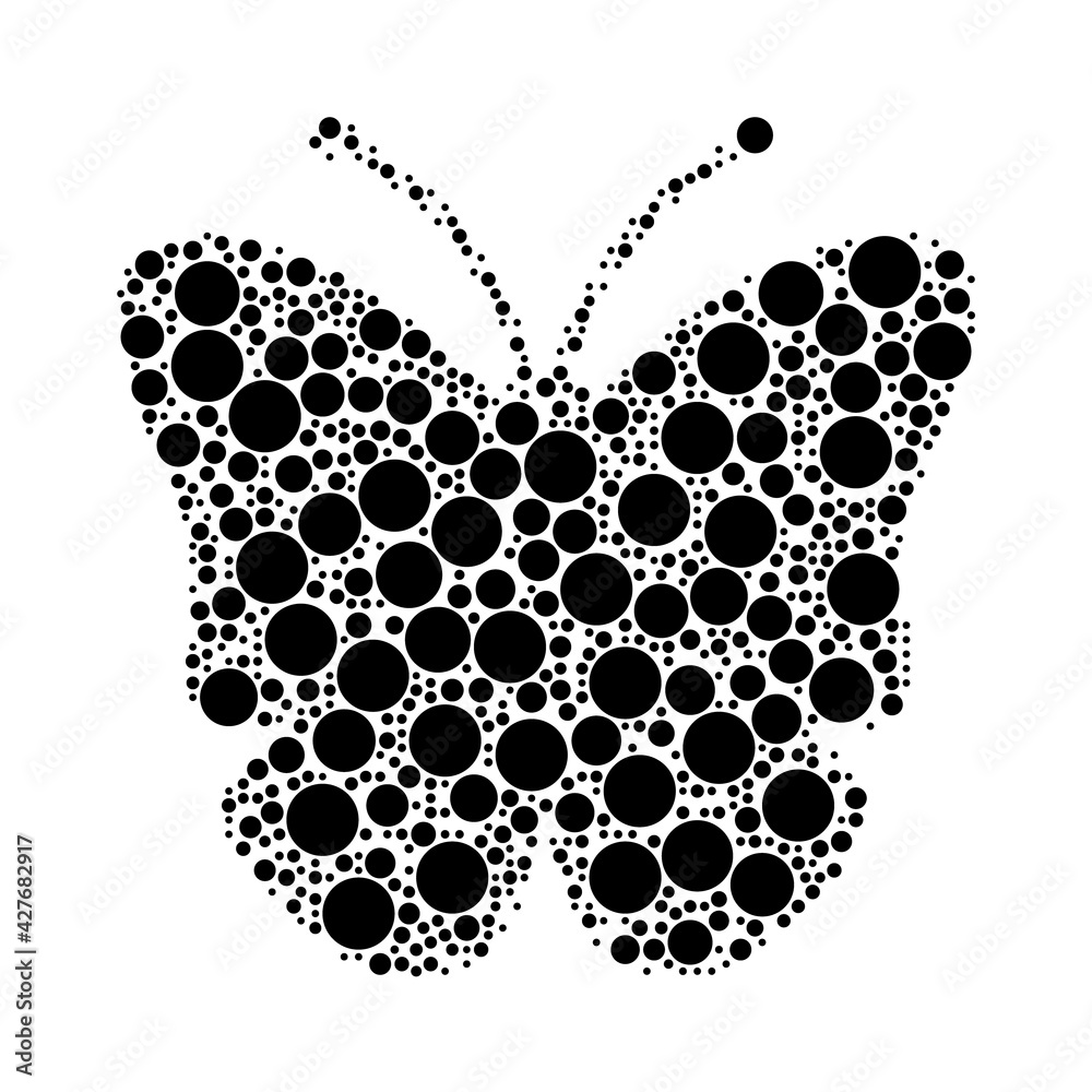 A large butterfly symbol in the center made in pointillism style. The center symbol is filled with black circles of various sizes. Vector illustration on white background