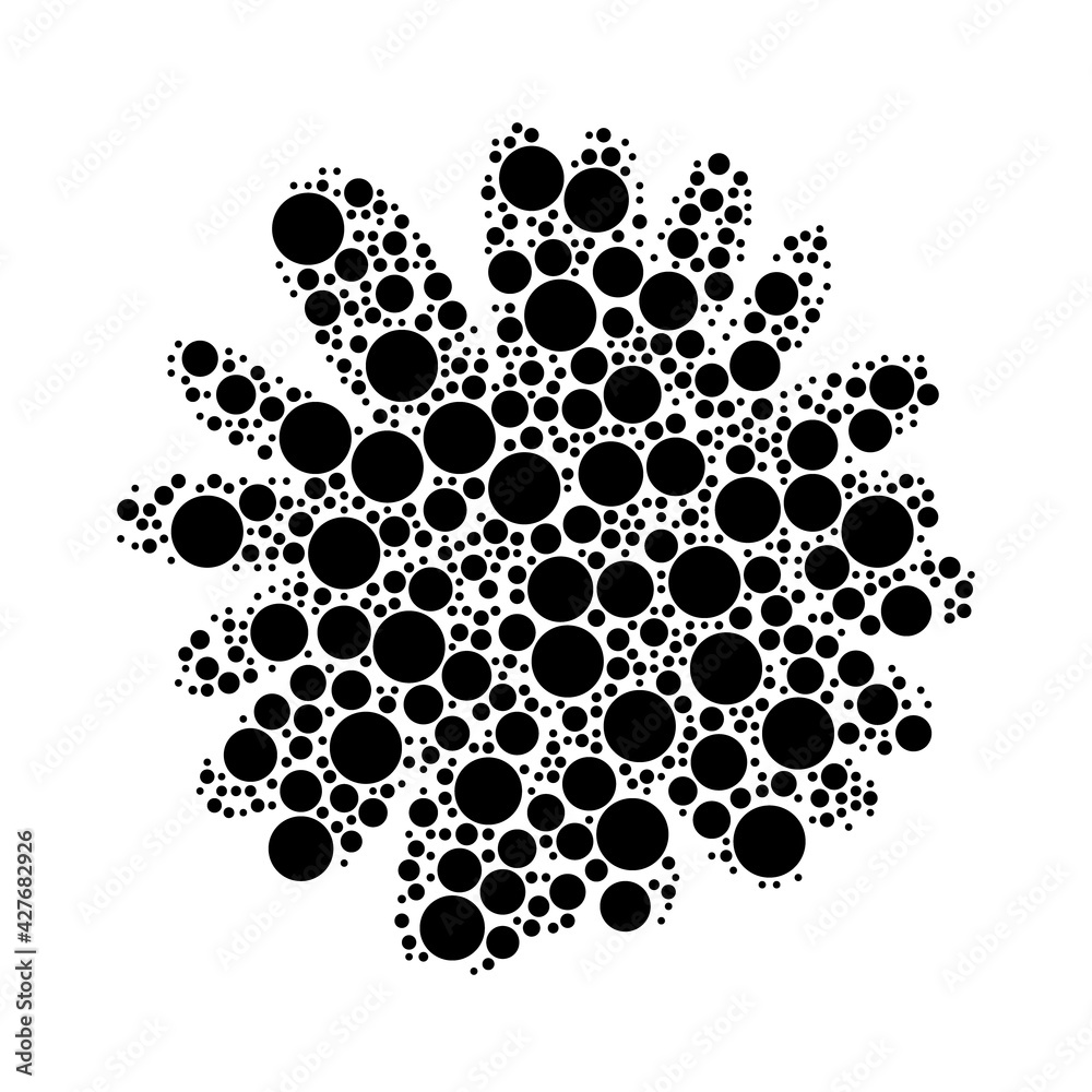 A large chamomile flower in the center made in pointillism style. The center symbol is filled with black circles of various sizes. Vector illustration on white background A large chamomile flower in the center made in pointillism style. The center symbol is filled with black circles of various sizes. Vector illustration on white background