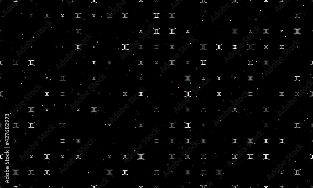 Seamless background pattern of evenly spaced white zodiac gemini symbols of different sizes and opacity. Vector illustration on black background with stars Seamless background pattern of evenly spaced white zodiac gemini symbols of different sizes and opacity. Vector illustration on black background with stars