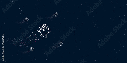Fototapeta Naklejka Na Ścianę i Meble -  A cloud technology symbol filled with dots flies through the stars leaving a trail behind. There are four small symbols around. Vector illustration on dark blue background with stars
