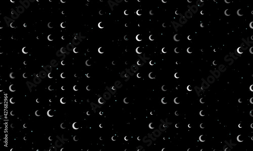 Seamless background pattern of evenly spaced white moon symbols of different sizes and opacity. Vector illustration on black background with stars