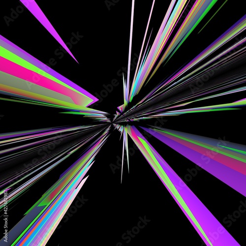 3d multicoloured stripes and shapes to a vanishing point on a black background