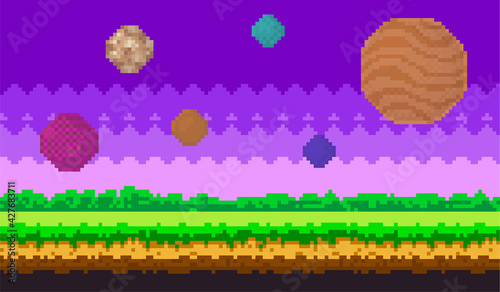  artoon fantastic pixel planets in purple sky and green grass. Pixelated set of cosmic round objects