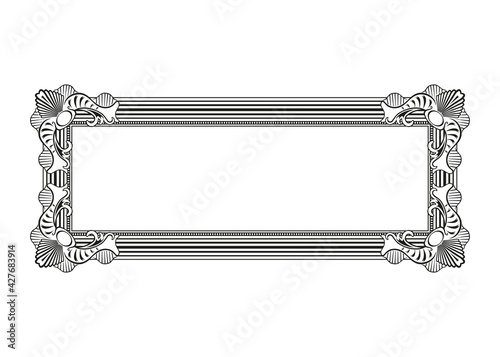 Black monochrome frame for design. Decorative frame with a bouquet of peonies drawing with one black line. Vector illustration