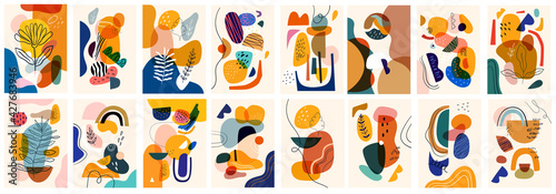 Decorative abstract posters collection with abstract shapes and colourful doodles. Hand-drawn modern posters	