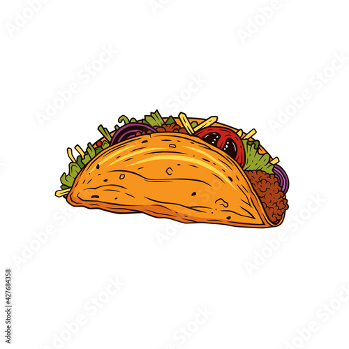 Original vector illustration in vintage style. Juicy tacos with tomatoes and minced meat.
