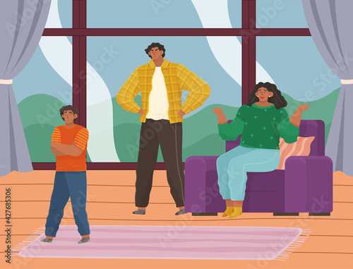 Parent adolescent conflict, problems of adults and children. Mother and father scold son at home