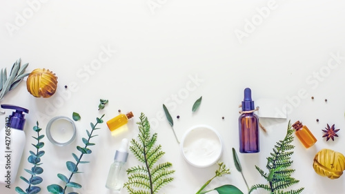 Natural organic wellness cosmetic flat lay, frame mockup, top view
