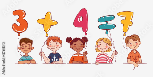 Funny kids with number balloons. Vector cute boys and girls collection. Multi-ethnic group of happy children. Different cartoon faces icons