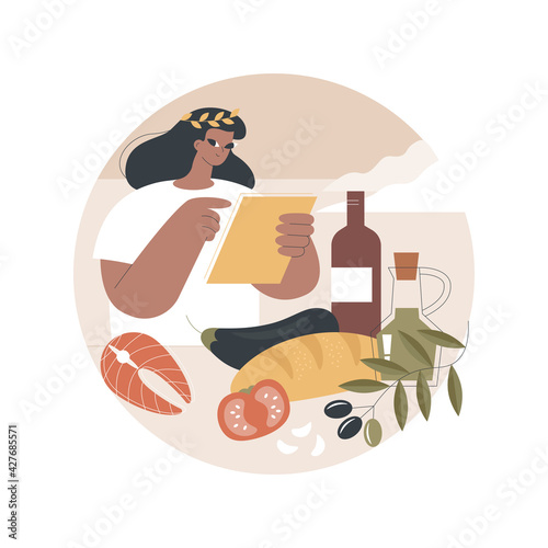 Mediterranean diet abstract concept vector illustration. Healthy diet program, mediterranean menu, nutrition plan, home cooking, organic food, fresh ingredient, shopping list abstract metaphor.