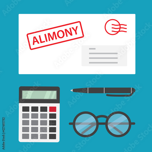 concept of paying alimony, envelope, calculator, pen, eyeglasses icon - vector illustration