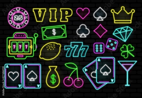 Casino neon collection vector icons set. Isolated on black Background. Casino Emblems and Labels, Bright Neon Sign, Slot Machine, Roulette, Poker, Dice Game. Vector illustration