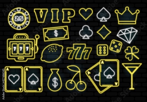 Casino neon collection vector icons set. Isolated on black Background. Casino Emblems and Labels, Bright Neon Sign, Slot Machine, Roulette, Poker, Dice Game. Vector illustration