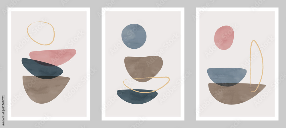 Trendy contemporary set of abstract art, creative minimalist hand painted compositions for wall decoration, postcard or brochure cover design in vintage style art.  
EPS10 vector.

