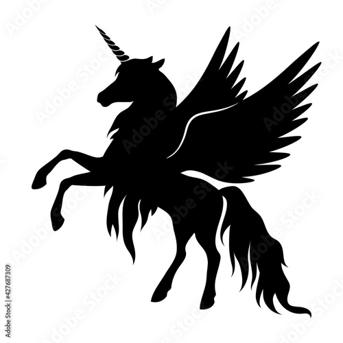 Silhouette of a unicorn with wings. Black silhouette on a white background. Element for creating design and decoration.