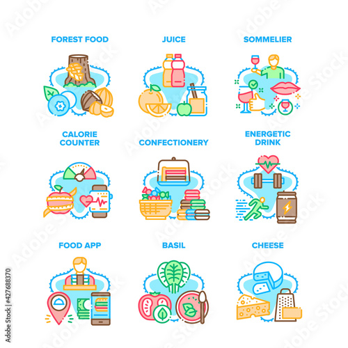 Fototapeta Naklejka Na Ścianę i Meble -  Food Application Set Icons Vector Illustrations. Forest Food And Juice, Energetic Drink And Calorie Counter App, Confectionery And Cheese. Sommelier Occupation For Taste Wine Color Illustrations