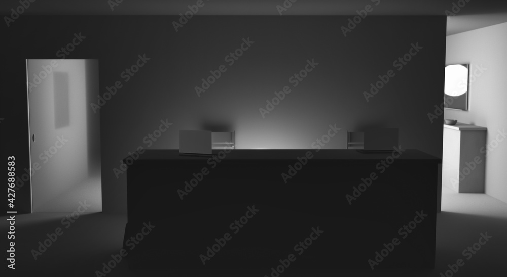 Background with empty reception desk in a late night office with low lighting. Workplace in the office after finishing work. 3D render. Background with empty reception desk in a late night office with low lighting. Workplace in the office after finishing work. 3D render.