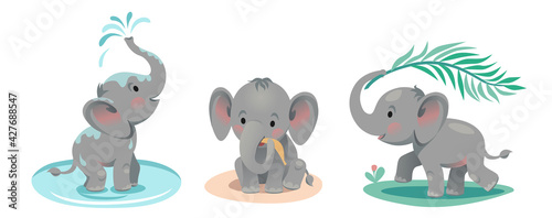 Baby elephant bathes in a pond  lets out a fountain with its trunk  runs with a palm leaf  plays  sits and eats a banana