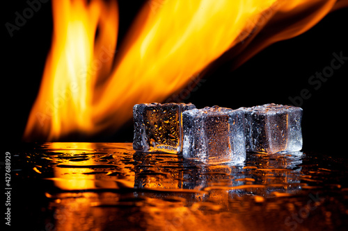 fire and water, flames and ice, black background