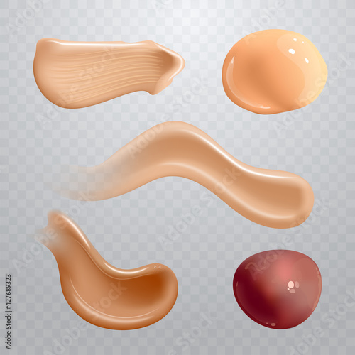 Set of realistic cosmetic cream smears. Skincare product of different body colors. Lotion smooth smear isolated vector texture on transparent background.