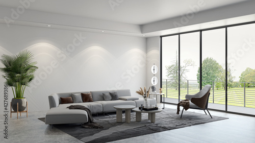 Fotografie Illustration 3D rendering large luxury modern bright interiors Living room mocku