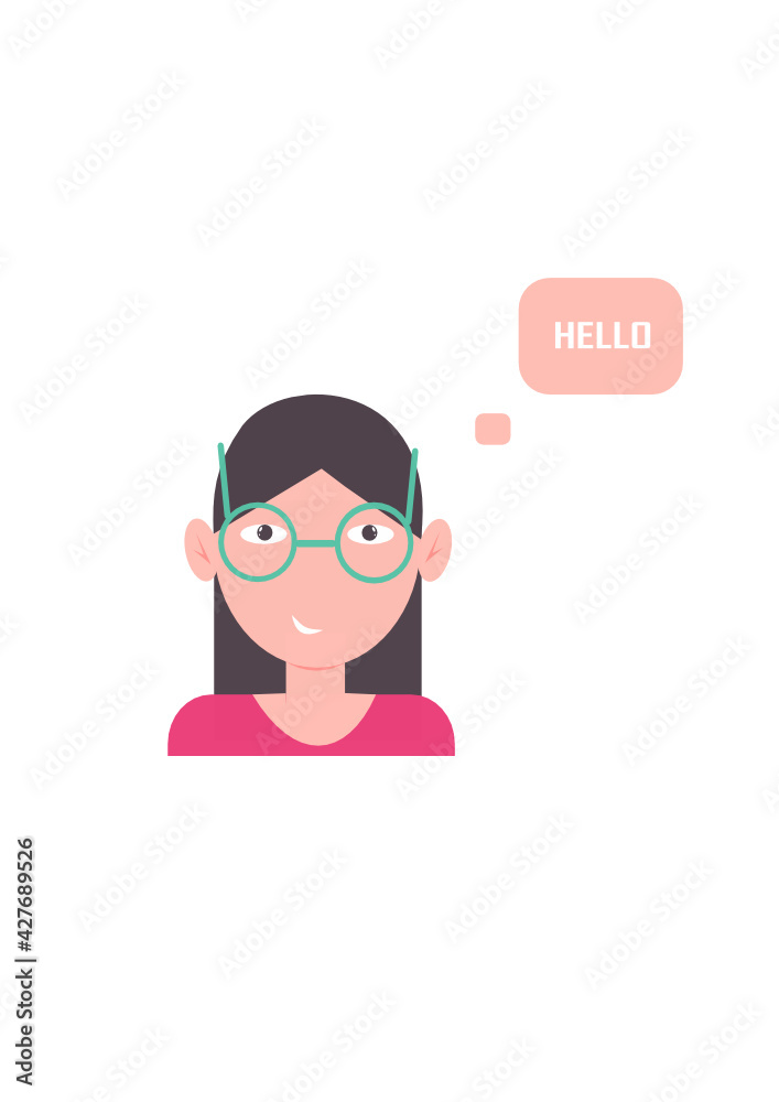 Technical support icon. Icon of a girl with glasses. Girl in glasses. Greeting. Hello. Chat bot. Young brunette in a pink sweater. Vector illustration. Isolated.