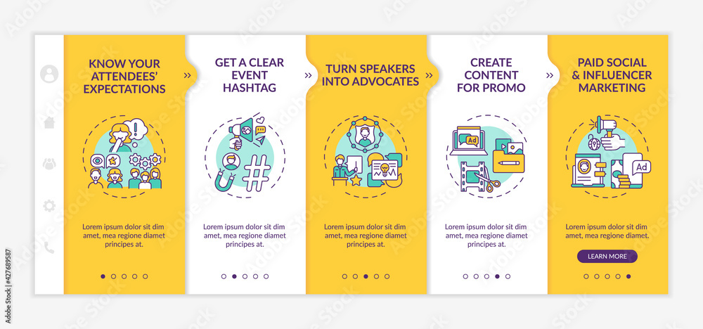 Remote event marketing onboarding vector template. Responsive mobile website with icons. Web page walkthrough 5 step screens. Expectations, turn into advocates color concept with linear illustrations